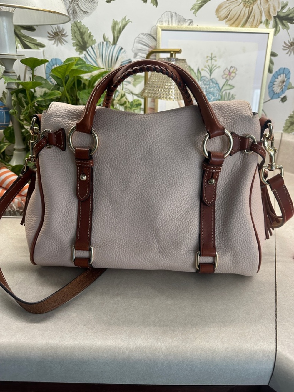 Dooney & Bourke Pink Pebble Leather Satchel with Brown Trim - Picture 2 of 9